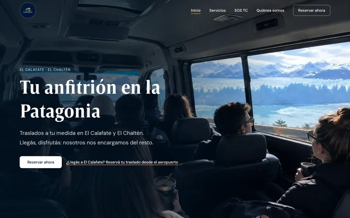 Inicio del sitio de Glacier Route: «Tu anfitrión en la Patagonia», con una foto del glaciar desde la camioneta.